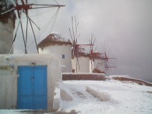 MYKONOS WINDMILLS WITH SNOW
